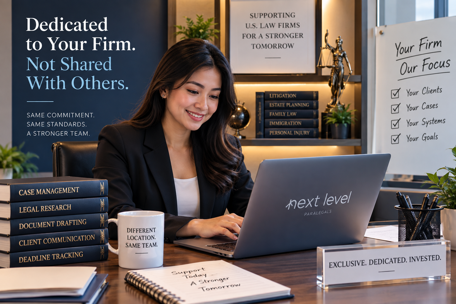 Bar-passed Philippine attorney working on a laptop in a professional legal office, representing a dedicated full-time paralegal supporting a U.S. law firm.