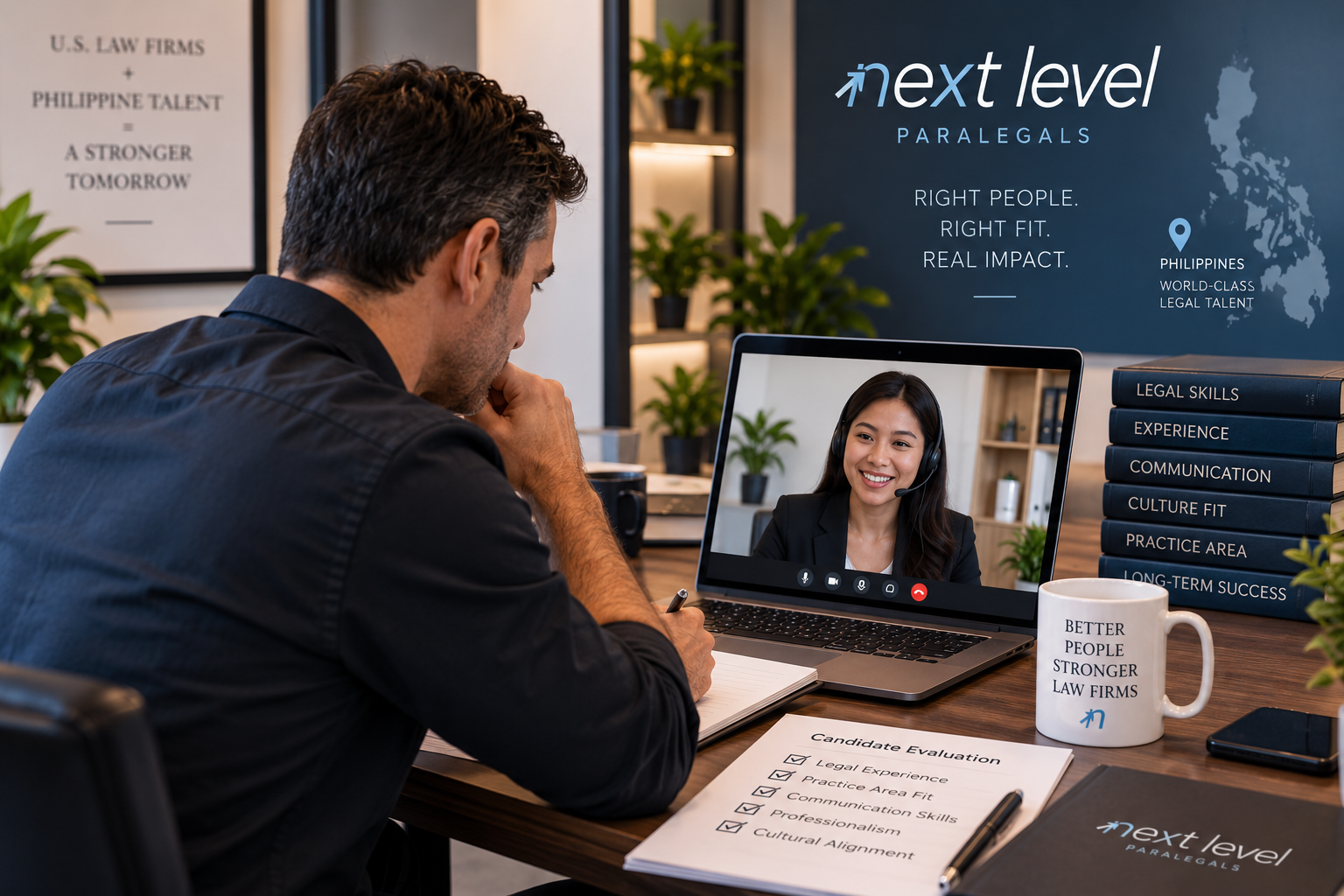 U.S. law firm attorney interviewing a bar-passed Philippine attorney by video call as part of Next Level Paralegals’ candidate selection process.