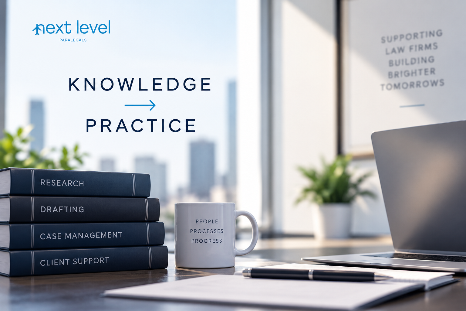 Professional legal workspace illustrating the transition from legal knowledge to practical skills in research, drafting, case management, and client support.
