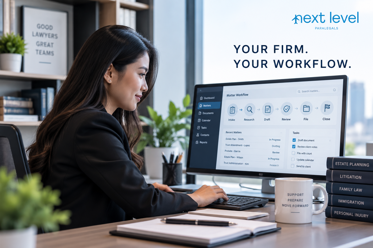 Philippine paralegal working with a customized legal matter workflow, representing training tailored to a U.S. law firm’s practice areas, systems, and procedures.