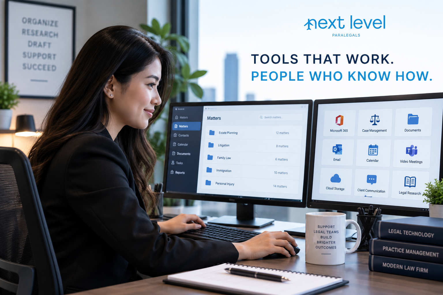 Philippine paralegal working at a dual-monitor legal technology workstation, representing training in case management, document systems, communication tools, and technology used by U.S. law firms.