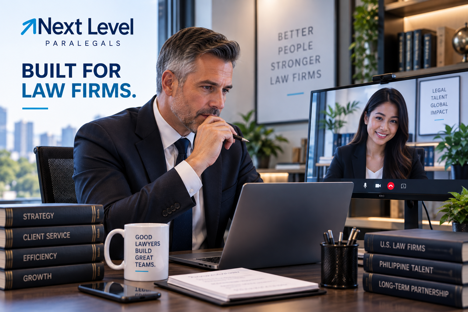 U.S. attorney working with a Philippine paralegal by video, representing Next Level Paralegals’ lawyer-led approach to building dedicated legal support teams for U.S. law firms.