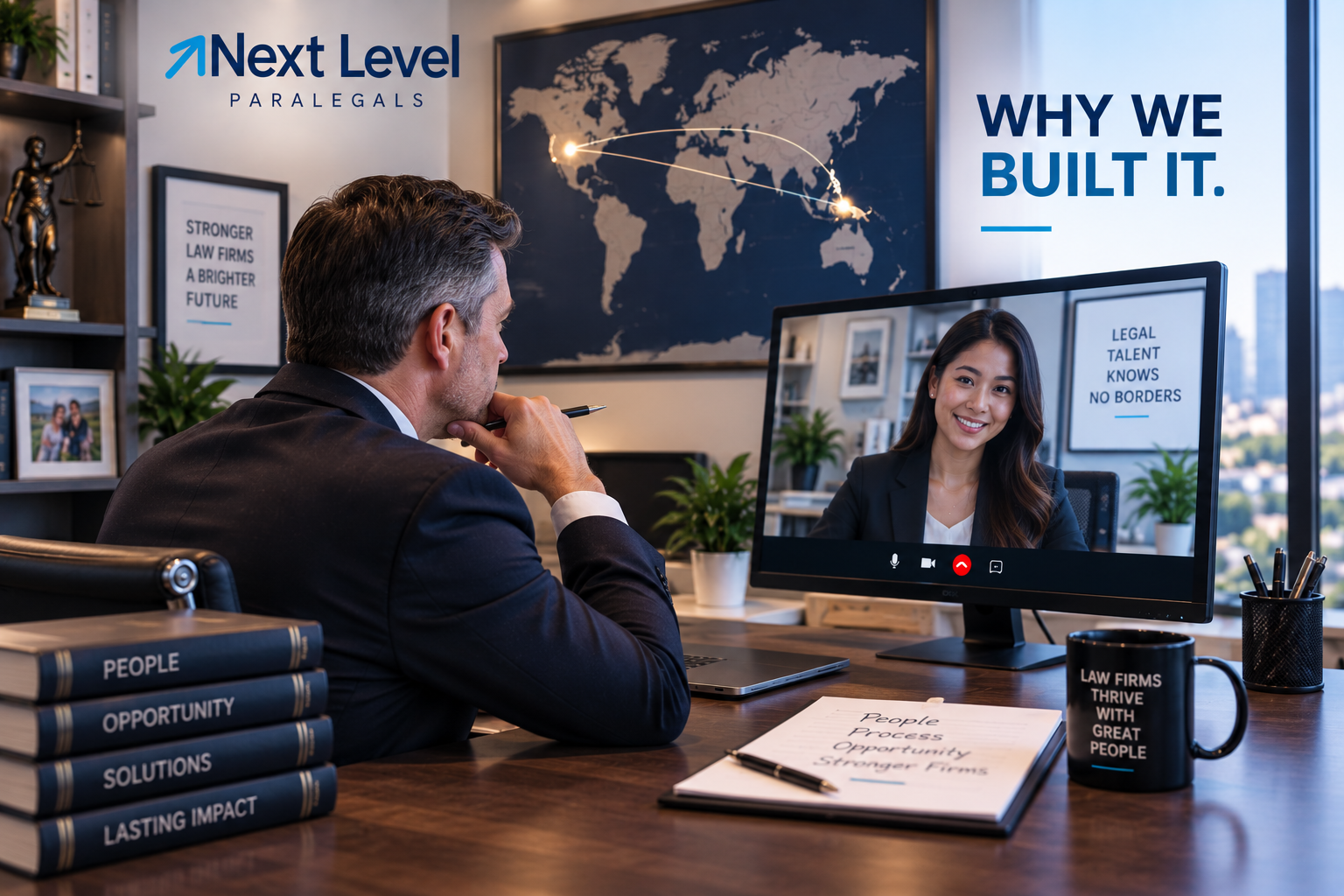 U.S. attorney meeting remotely with a Philippine legal professional, representing why Next Level Paralegals was created to connect U.S. law firms with skilled Philippine legal talent.