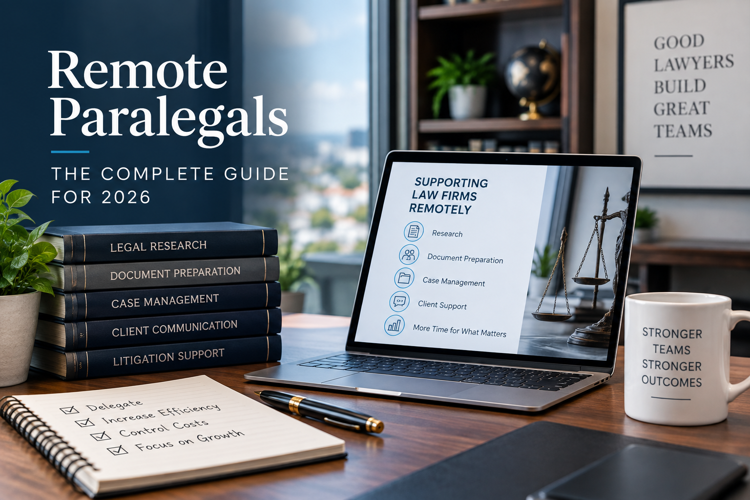 Legal workspace with laptop, research materials, and case management resources representing a comprehensive guide to hiring and working with remote paralegals for U.S. law firms.