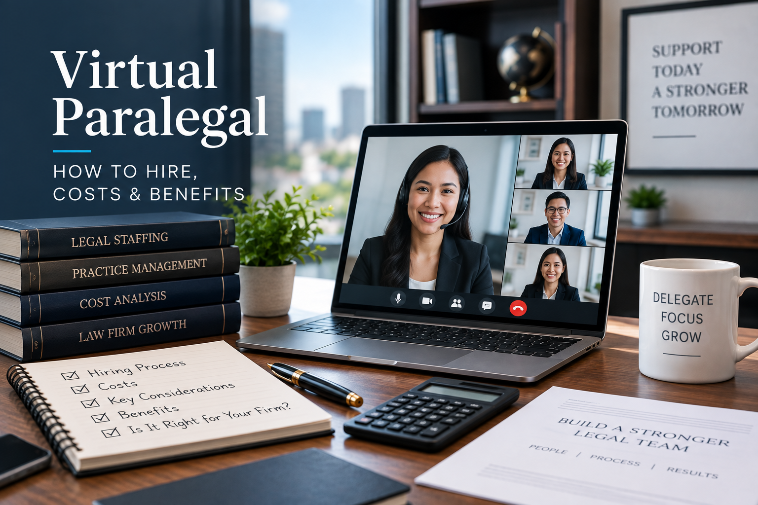 Virtual paralegal meeting remotely with a legal team, representing hiring considerations, costs, benefits, and remote legal support for U.S. law firms.